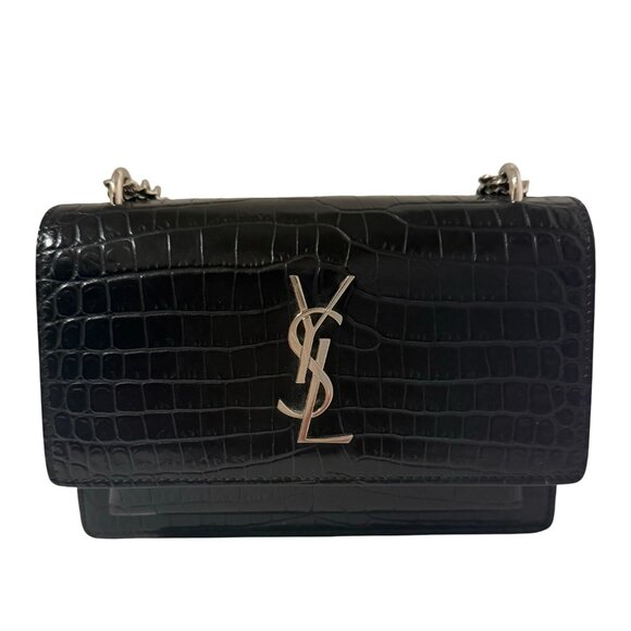 Saint Laurent Black Leather Sunset Wallet on a Chain Crocodile Embossed Bag - Picture 1 of 15